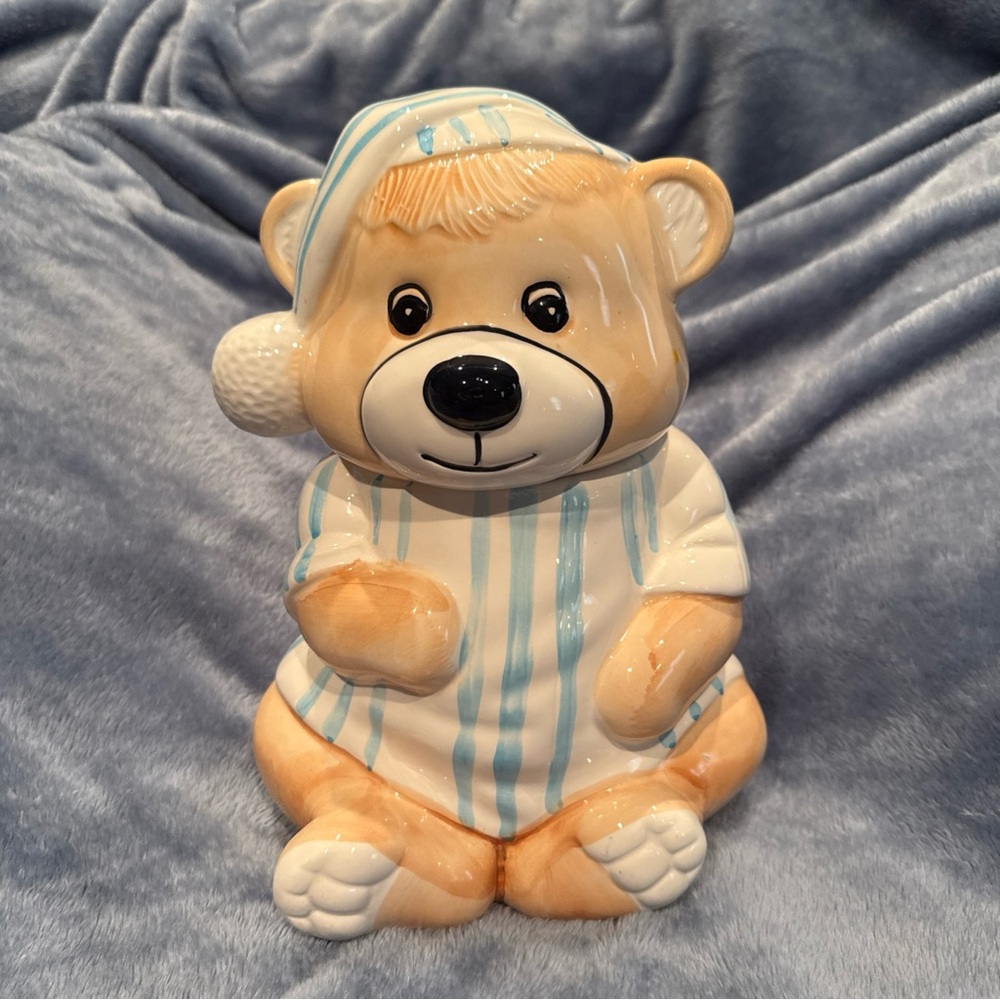 Ceramic Bear Cookie Jar with Blue Stripes
